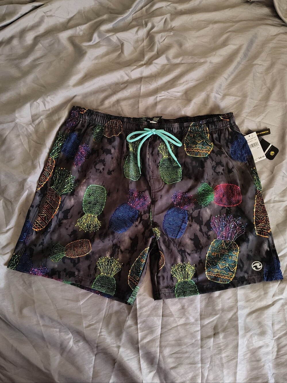 Mens XL Mesh Swim Suit Shorts Pineapple NEON Tie Dye Stretch Trunks Pockets